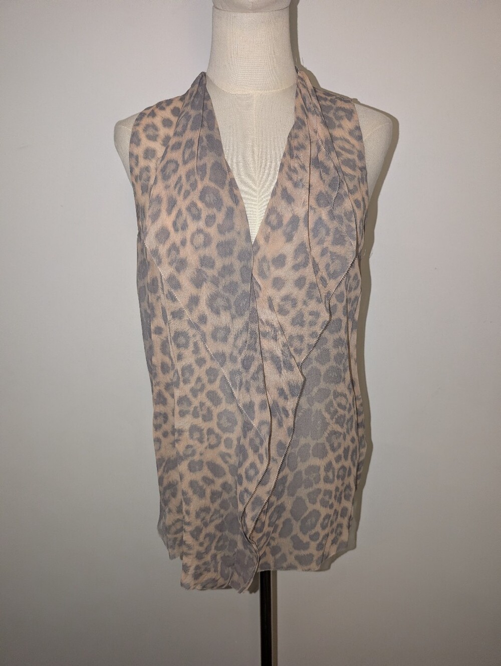 Babaton Beige and Gray Muted Leopard Print Draped V-Neck Camisole With Ruffle